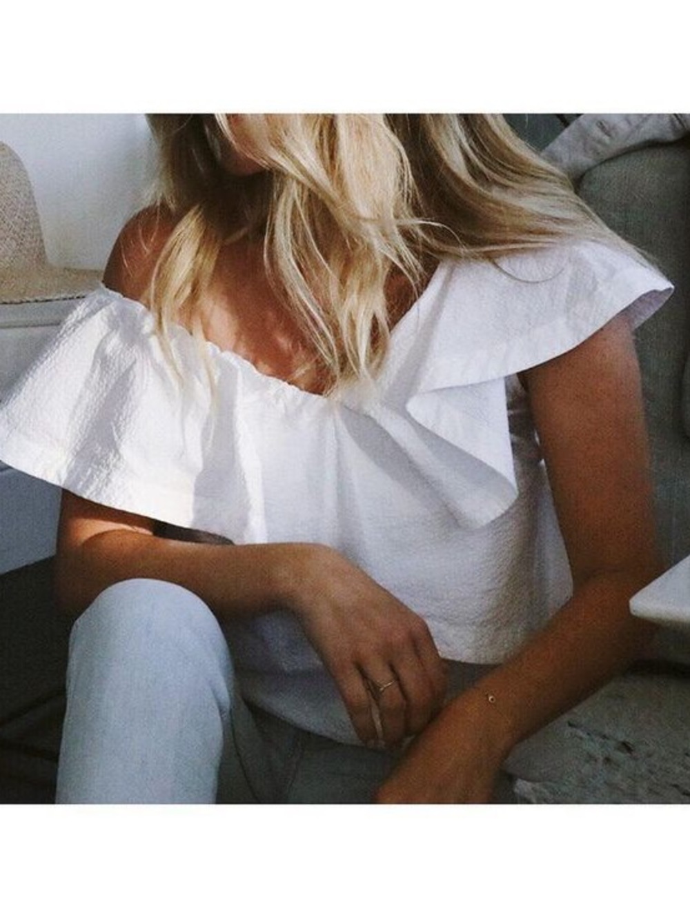 Cuyana Seersucker Shoulder Flounce Top